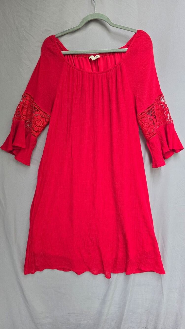Indigo Rose Dress Womens Large Red Crochet Bell Sleeve Shift Short Boho